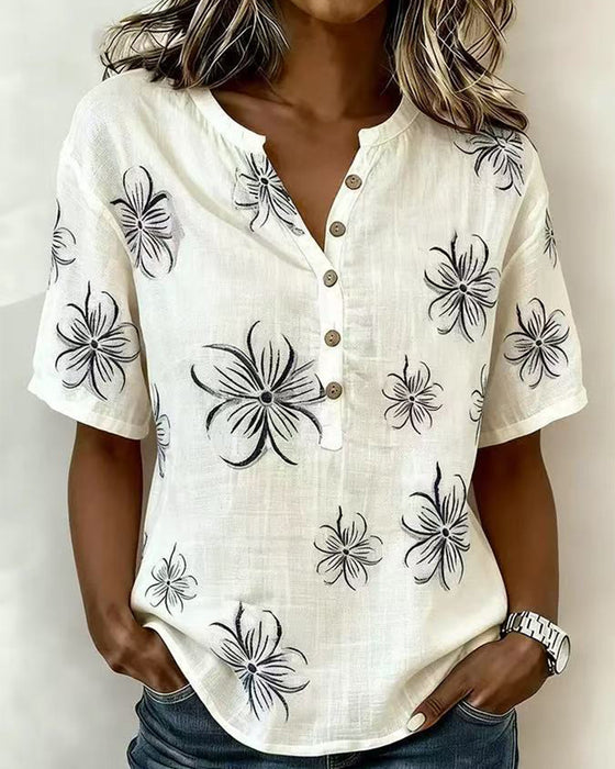 Bluse Crew Neck Knappestang Blomstret Casual