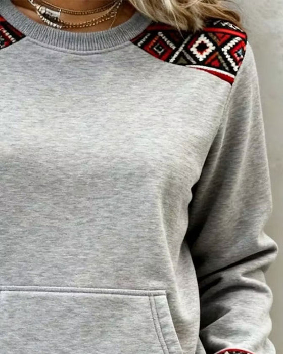 Sweatshirt Rund Hals Argyle Fargeblokk Lomme