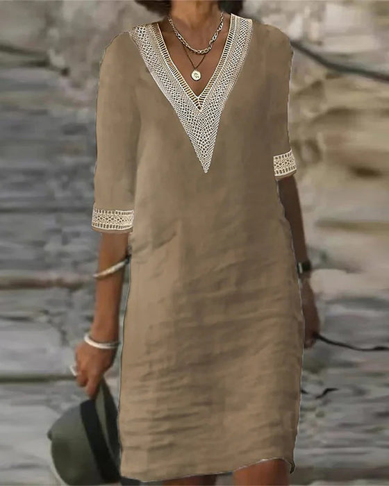 Kjole Tre Kvarter Erme V-Hals Blonder Patchwork