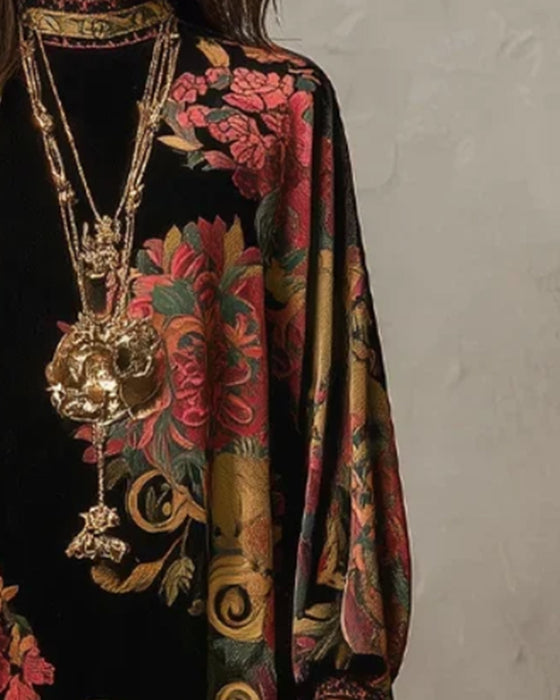 Kjole Mock-Neck Floral Velvet Langermet Maxi