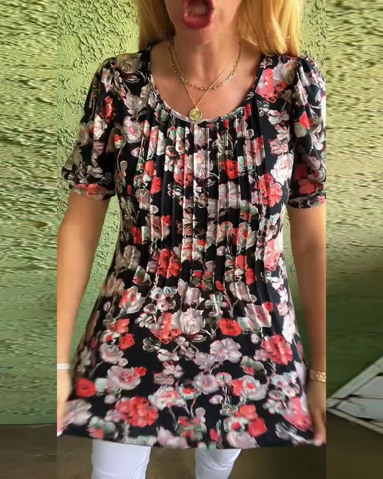 Bluse Rund hals Bufset erme Plissert Blomstret