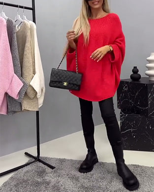 Mote ensfarget flaggermusermet genser med rund hals