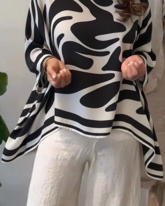 Bluse Zebramønster Flaggermusermer Runde Hals