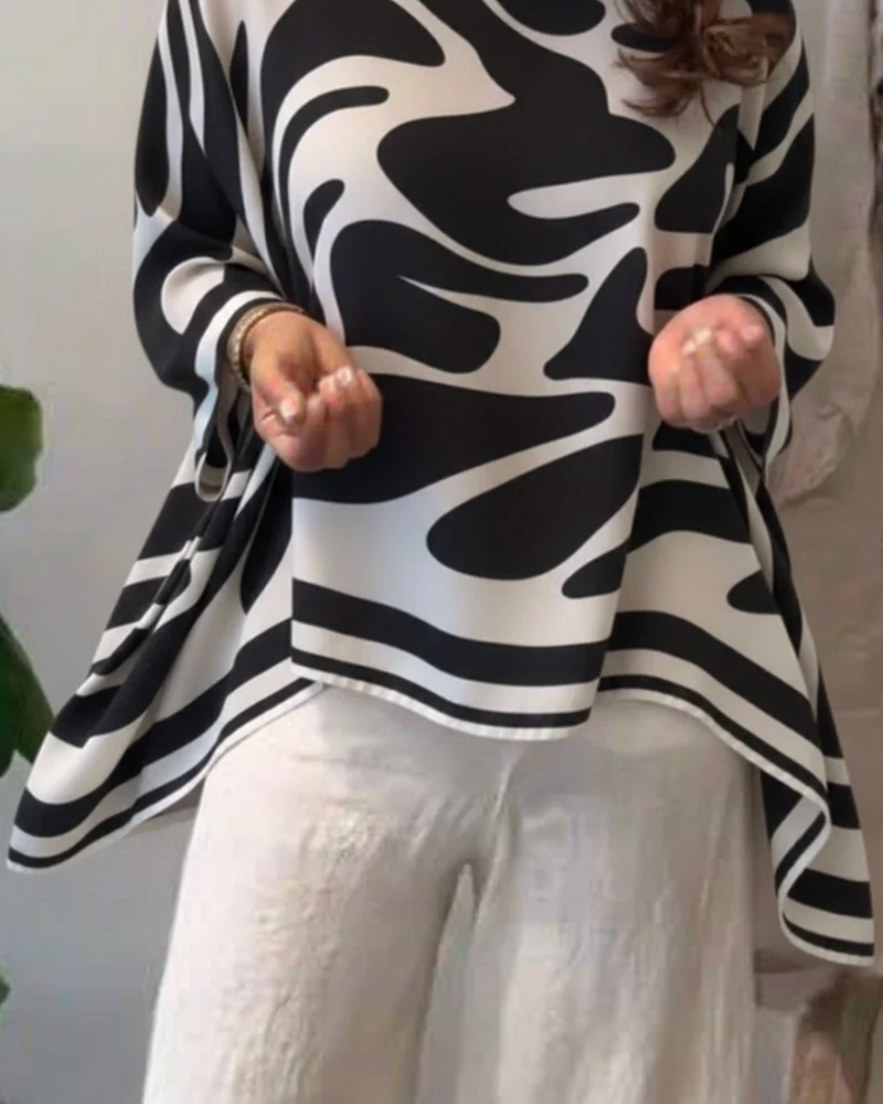 Bluse Zebramønster Flaggermusermer Runde Hals