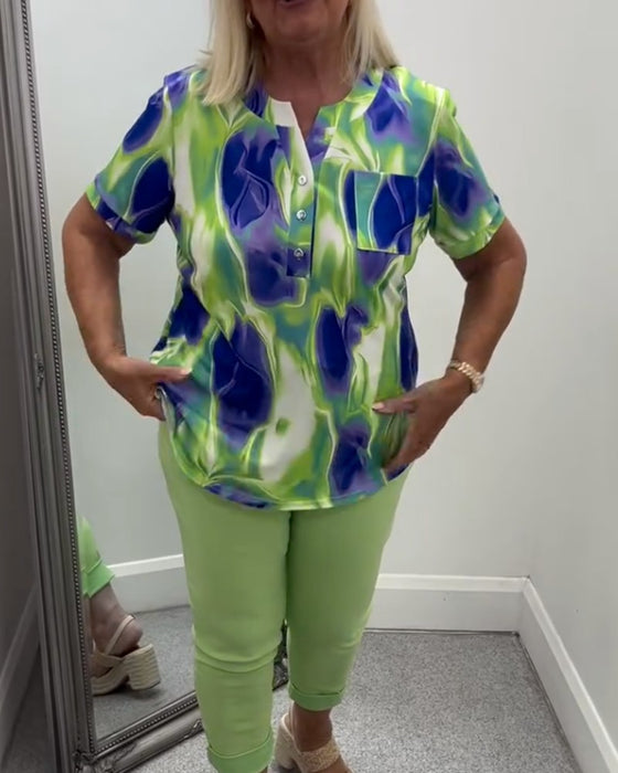 Bluse Henley Hals Ombre Trykk Kort Erme Lomme