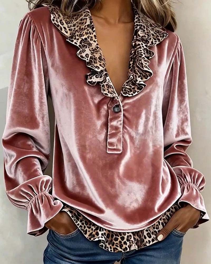 Bluse V-Hals Leopard Trykk Ruffle Erme