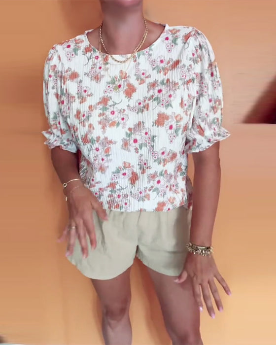 Bluse Rund Hals Blomstret Kort Erme
