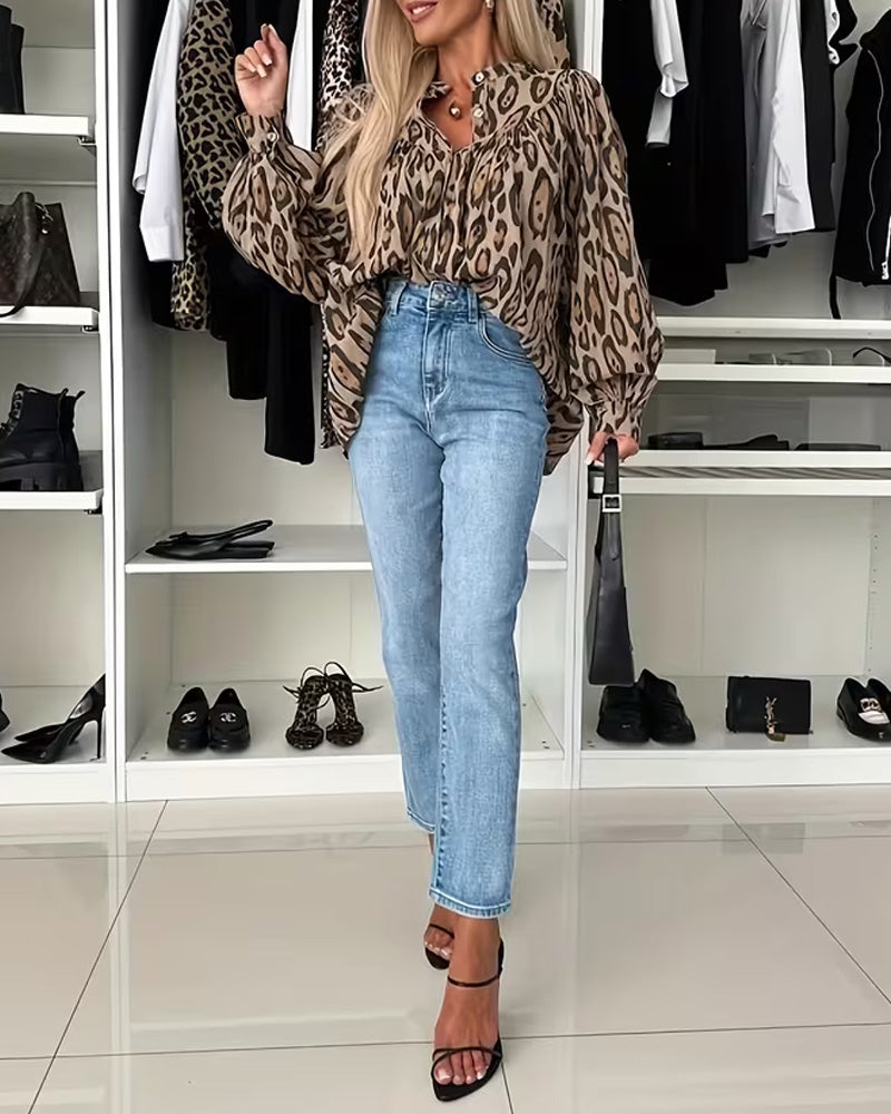Langermet Leopardtrykk Bluse