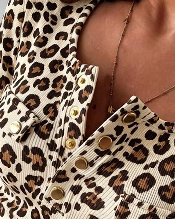 Bluse Henley Hals Leopard Trykk Kort Erme