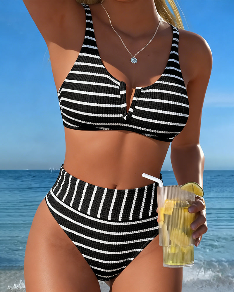 Bikini Svart Hvit Ribbet Stripe