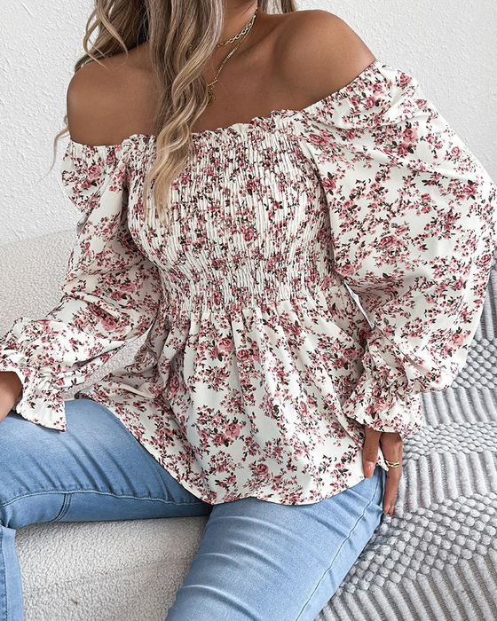Bluse Firkantet Hals Rynket Blomstret Ruffle