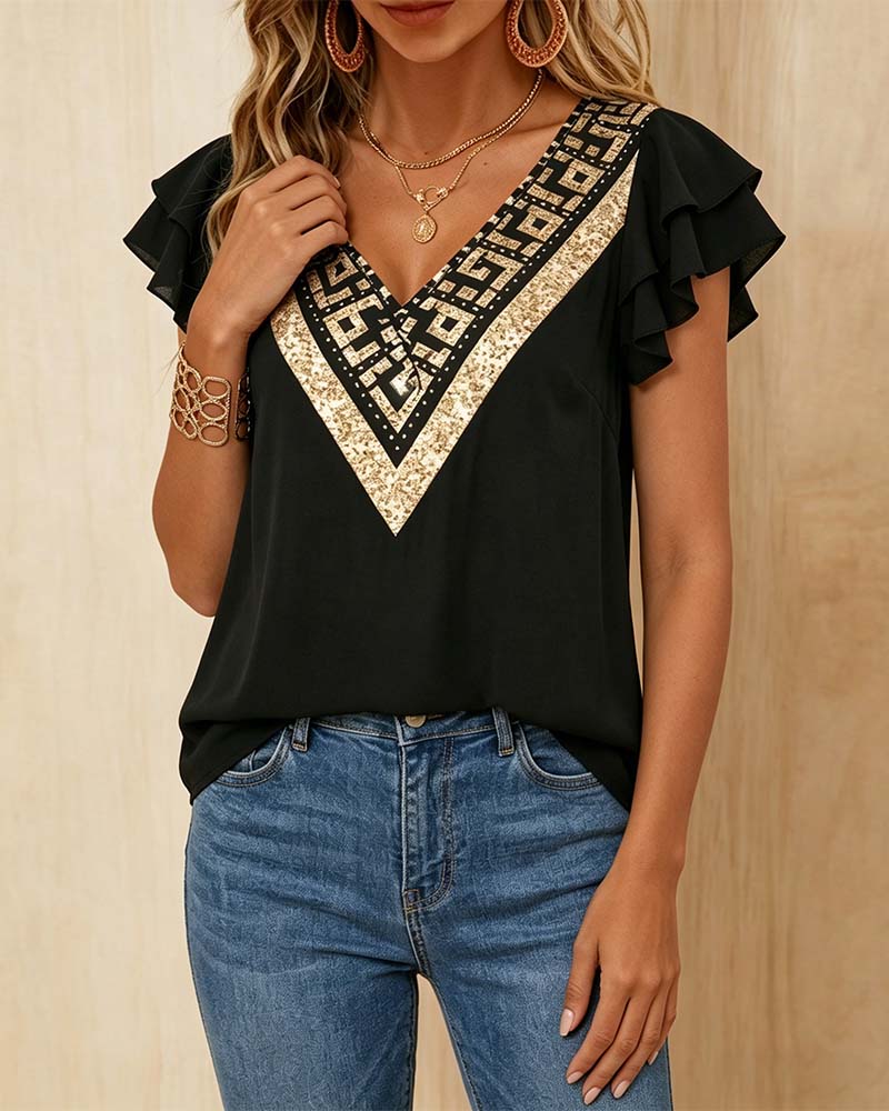 Bluse Lotusbladstrykk V-Hals Kontrast