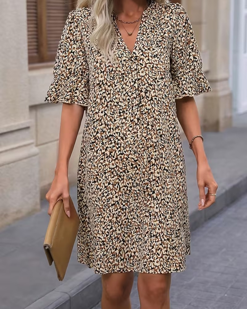 Kjole Leopard Trykk Blomst V-hals Rynkete Erm