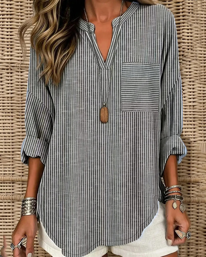 Topp V-Hals Stripe Uregelmessig Lang Erme