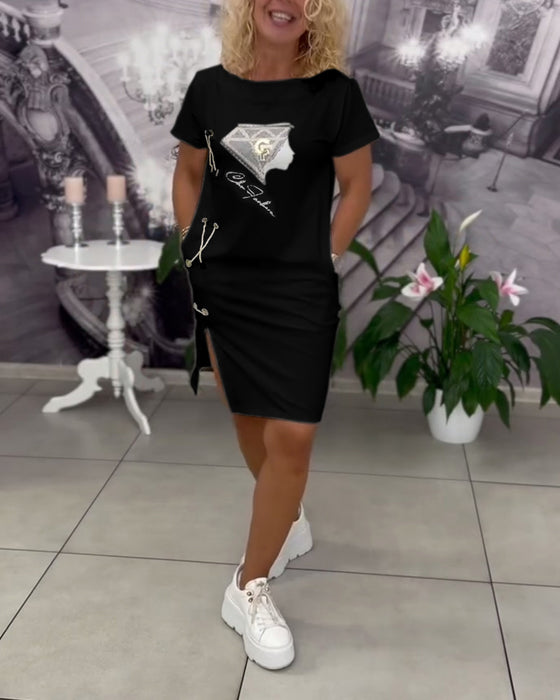 Kjole Trykket Tettsittende Splitt