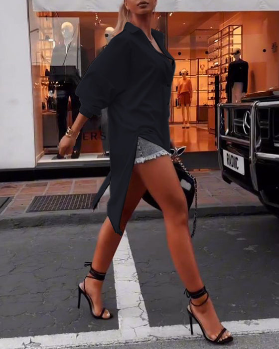 Ensfarget casual skjorte med jakkeslag