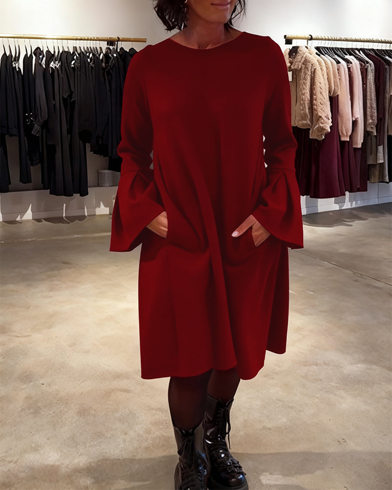 Kjole Ensfarget Flare Erm Rysjet