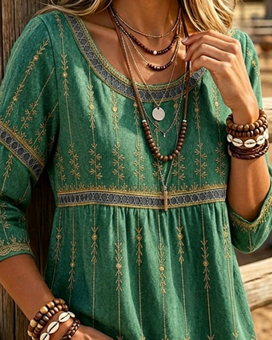 Bluse Rund Hals Trekvartser Mer Retro
