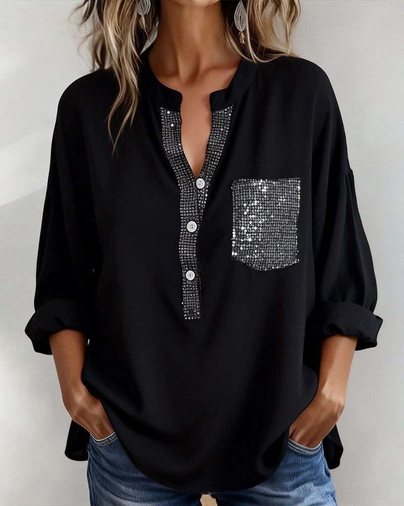 Casual Topp Paljett Patchwork Løs