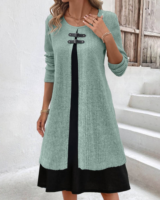 Patchwork, ribbet kjole med lange ermer