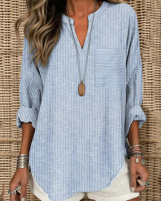 Topp V-Hals Stripe Uregelmessig Lang Erme
