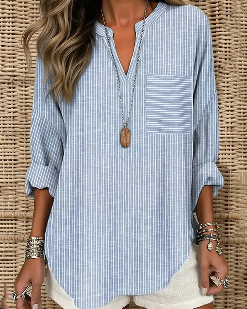 Topp V-Hals Stripe Uregelmessig Lang Erme