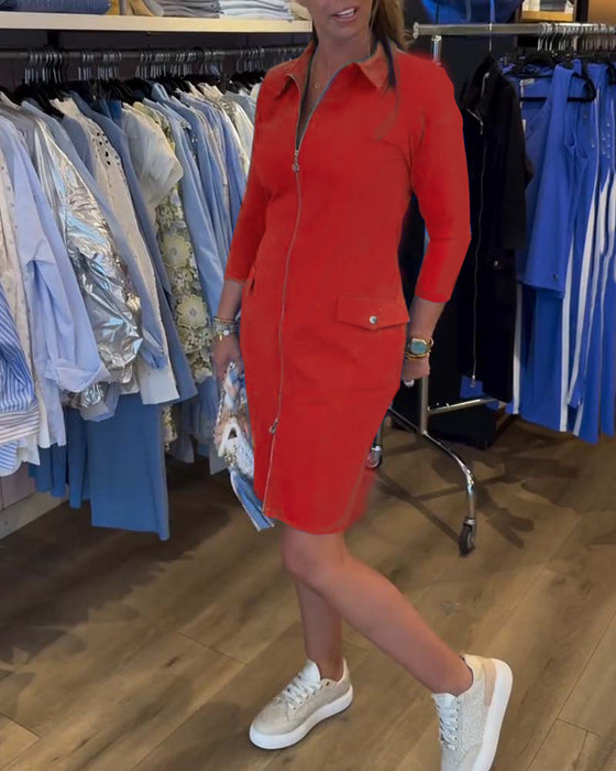 Kjole Krage Ensfarget Glidelås Lang Erme