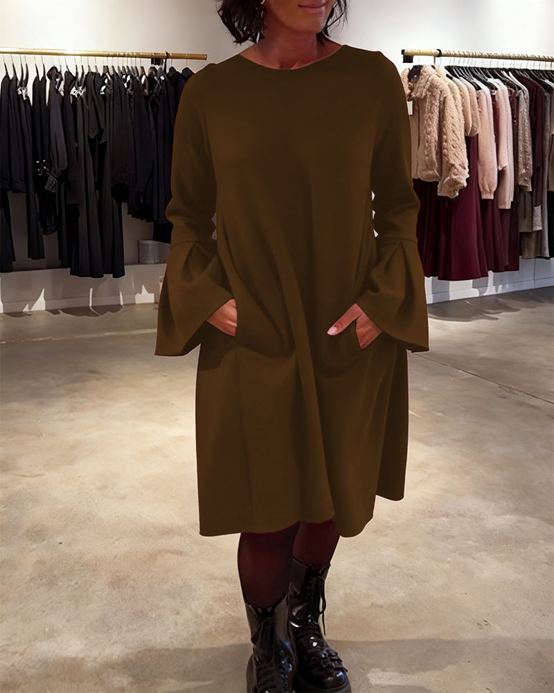 Kjole Ensfarget Flare Erm Rysjet