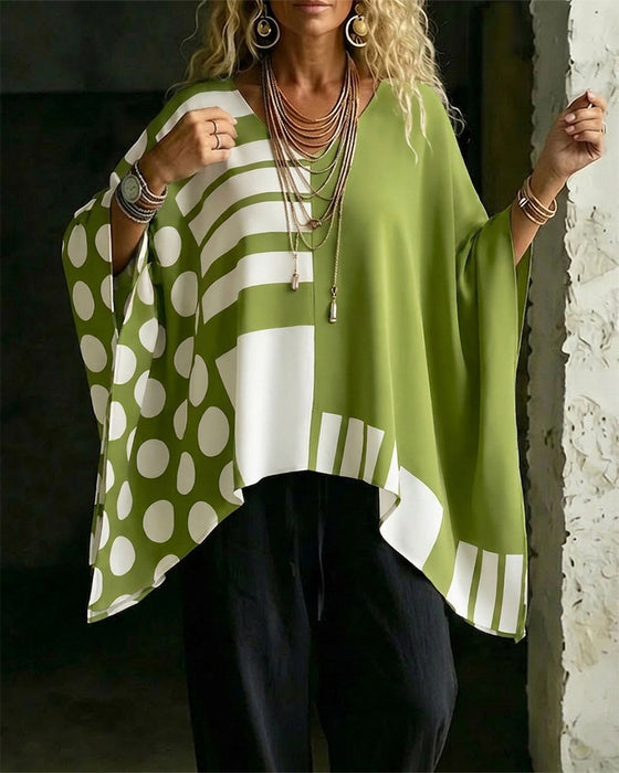 Bluse Polka Dot Stripe Patchwork V Hals