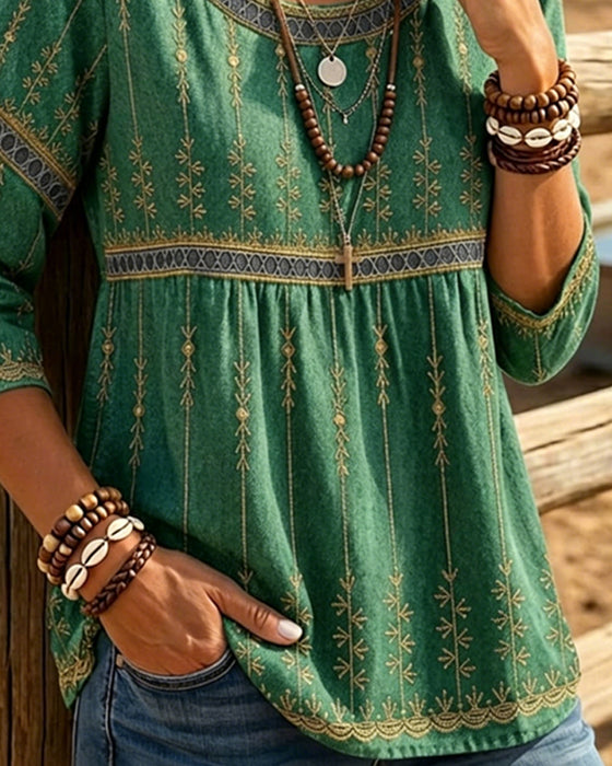 Bluse Rund Hals Trekvartser Mer Retro