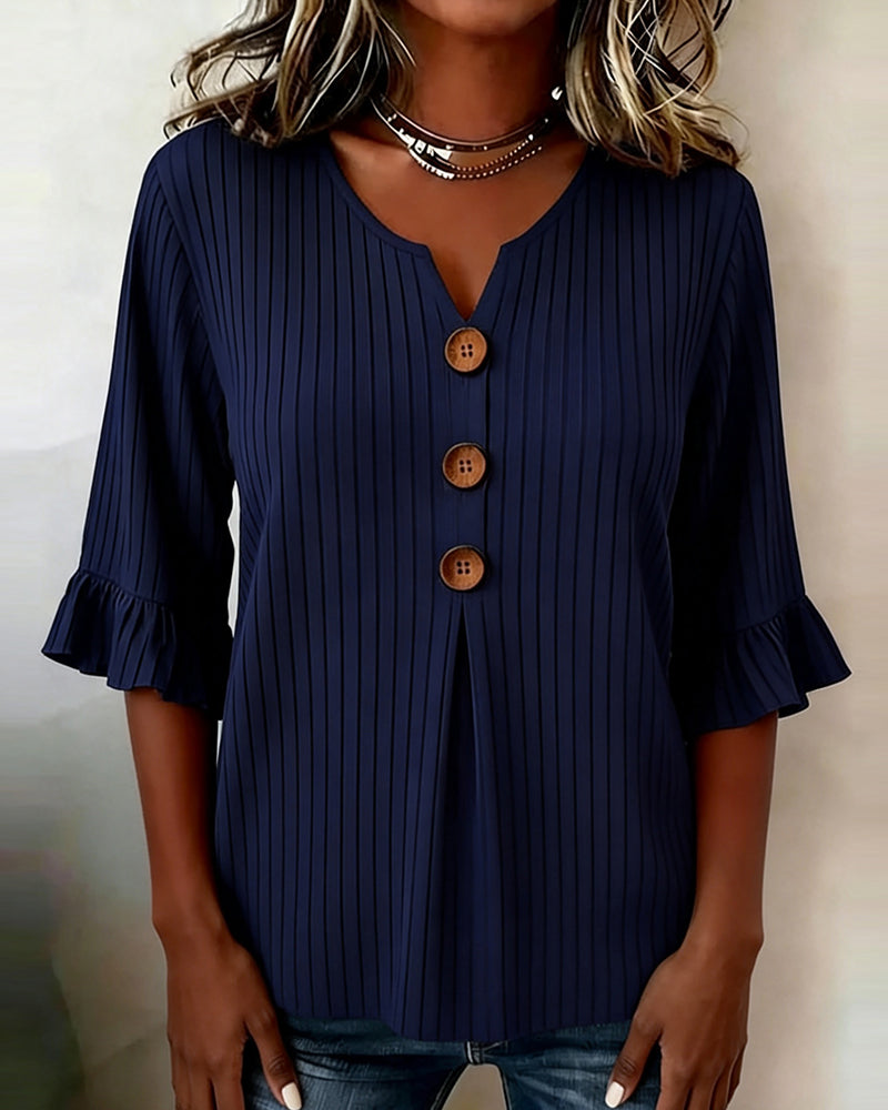 Blouse Klokearmer Ribbet Treknapp