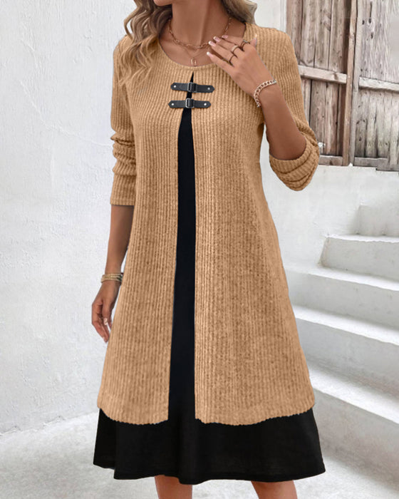 Patchwork, ribbet kjole med lange ermer