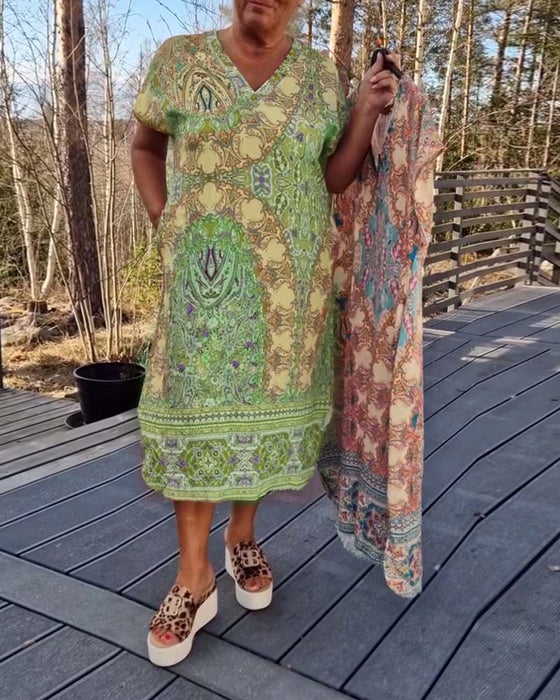 Kjole V-Hals Kortermet Mønstret Rett