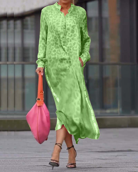 Kjole Langermet Leopardskrift Splitt