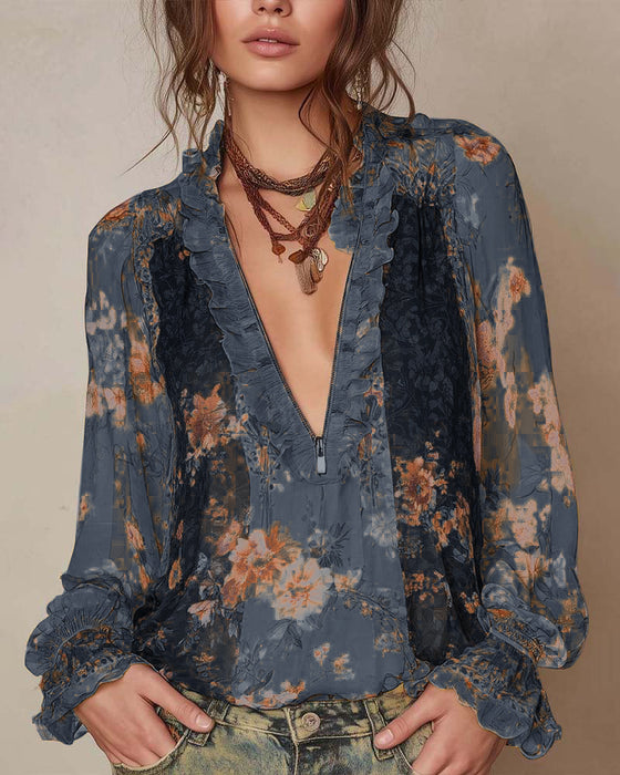 Halvglidelås Blomstertrykk Bluse