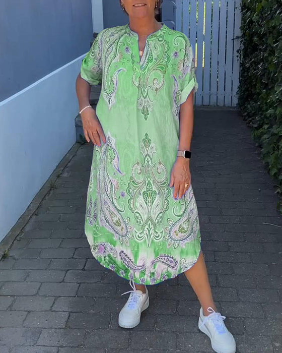 V-hals fold-erme trykt kjole
