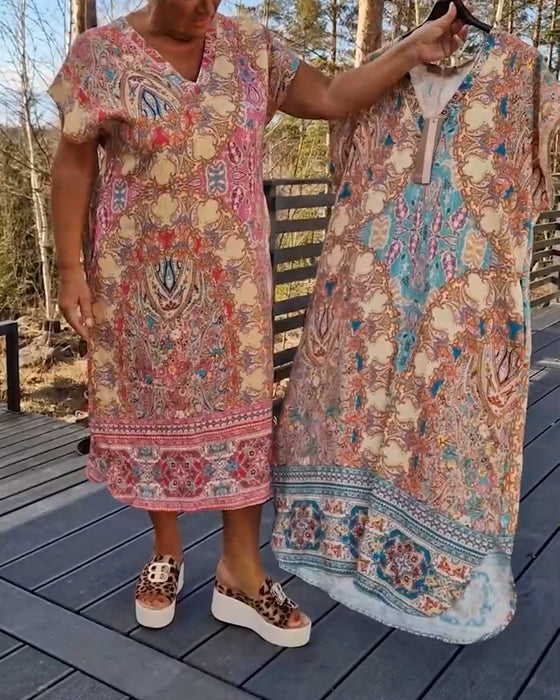 Kjole V-Hals Kortermet Mønstret Rett