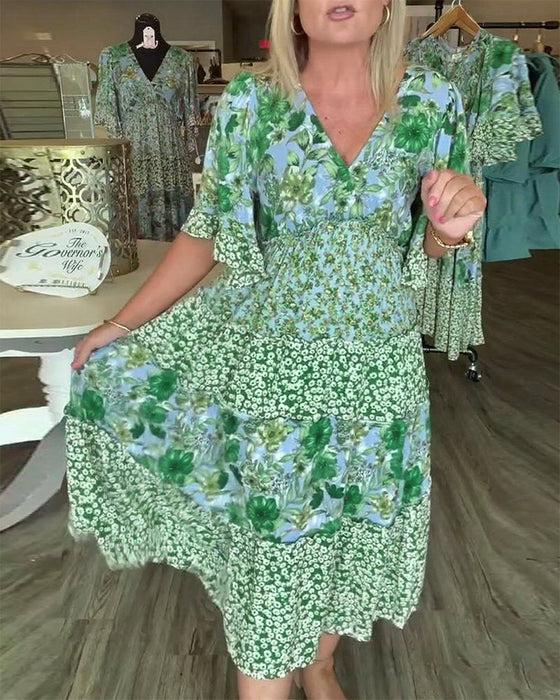 Kjole V-Utringning Lotusserm Blomstret