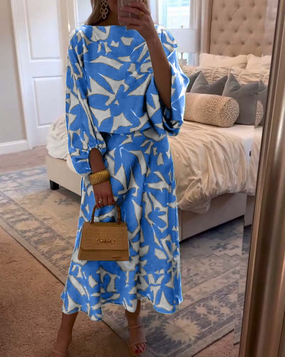 Sett Kjole Avslappet Trykt Lykt Ermer Temperament