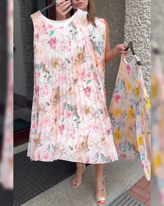 Kjole Ermeløs Plissert Blomstret