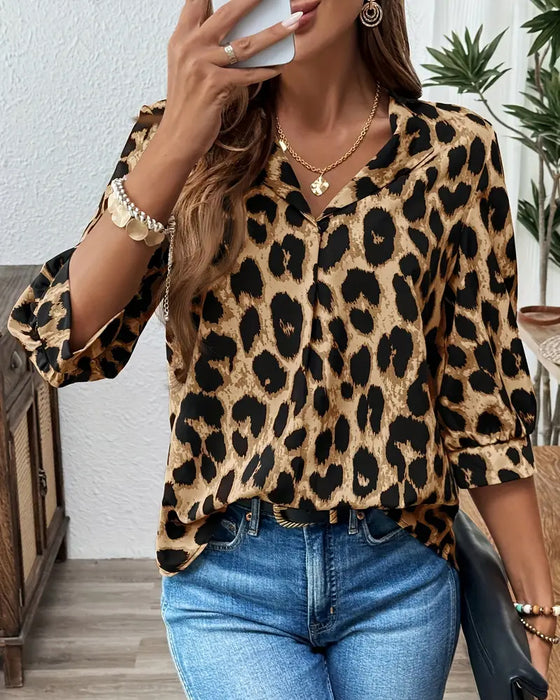 Bluse Halvlange Ermer Leopardprint Løs