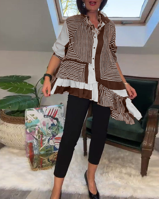 Uregelmessig patchworkskjorte med motetrykt knapp