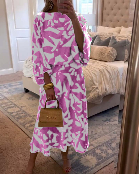 Sett Kjole Avslappet Trykt Lykt Ermer Temperament