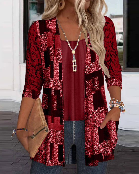 Langermet Bluse Med Print Og Falsk To-Delts Look