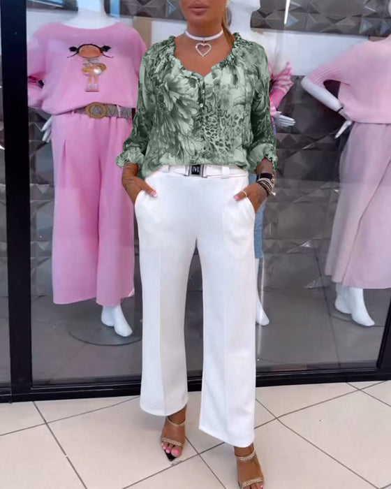 Bluse Med V-Hals Blomstertrykk