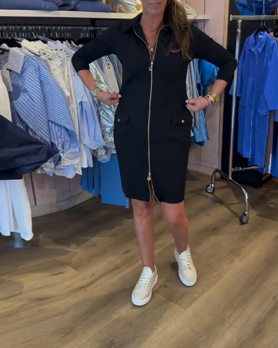 Kjole Krage Ensfarget Glidelås Lang Erme