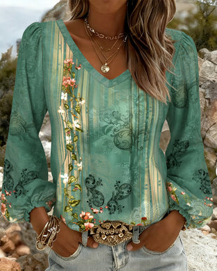 Bluse Blomstret V-Hals Pufferme