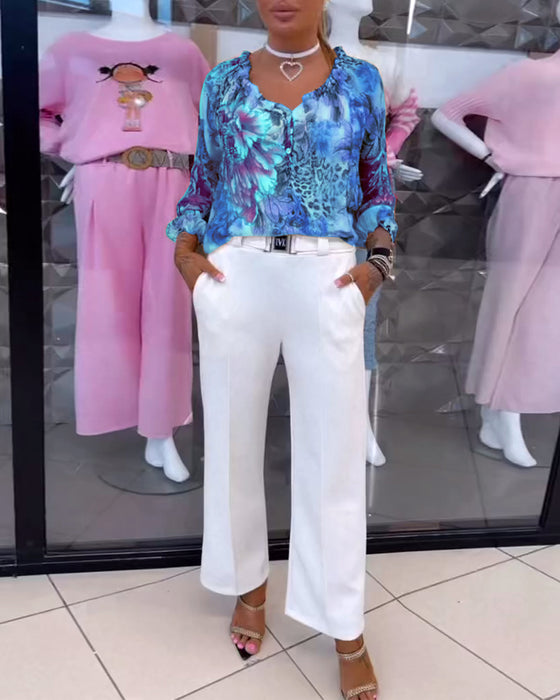 Bluse Med V-Hals Blomstertrykk