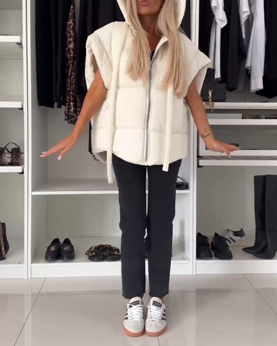 Hette, ensfarget glidelås, polstrede jakker med korte ermer