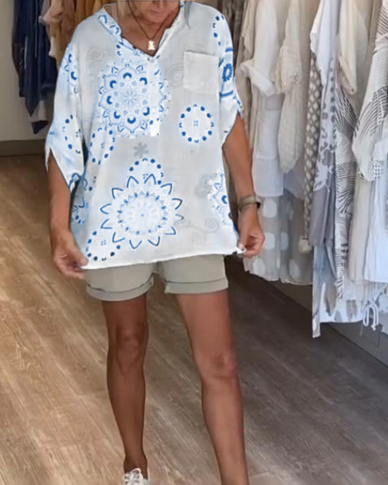 Bluse Allsidig V-Hals Trykt Halvlange Ermer